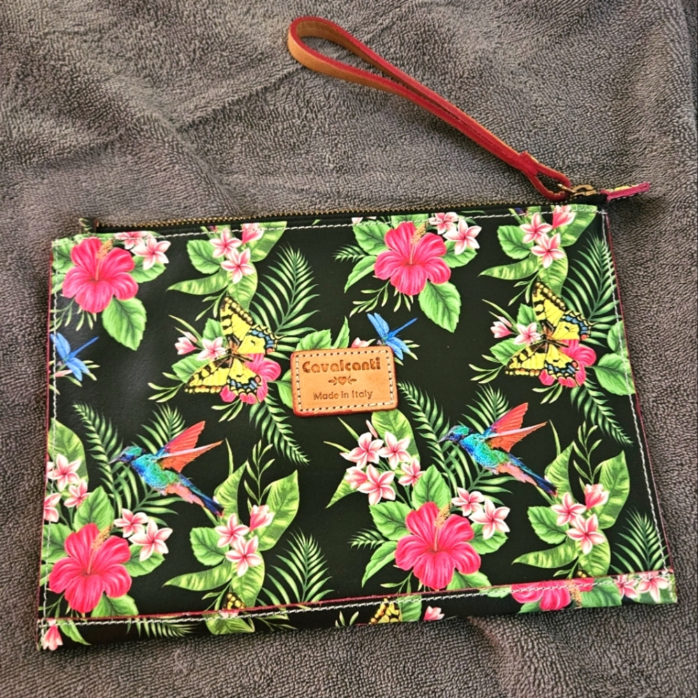 Cavalcanti Floral Leather Clutch - Black and Pink MADE IN ITALY